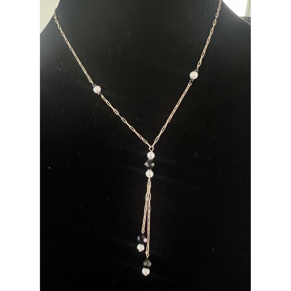 Vintage 10K Yellow Gold T&C Lariat Necklace w/ Pearl & Black Beads 16" Inches